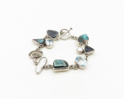 925 Silver Vintage Pearl Quartz Topaz & Multi Stone Chain Bracelet BT7697