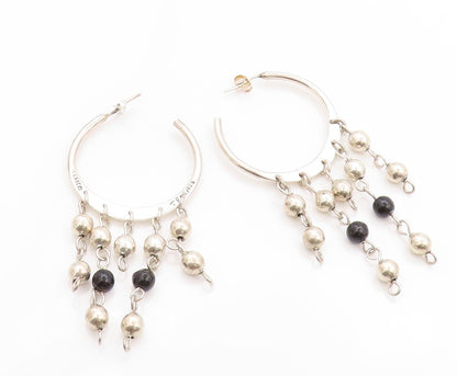 925 Sterling Silver Vintage Earrings MEXICO Dangling Beads & Onyx Hoops  EG13576