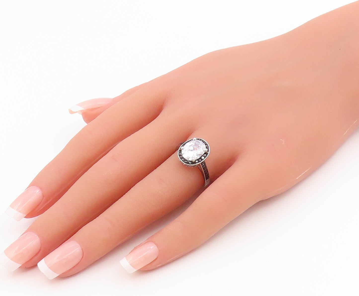 925 Sterling Silver Vintage Ring Oval Cut CZ & Halo Spinel Band  Sz 7  RG35634