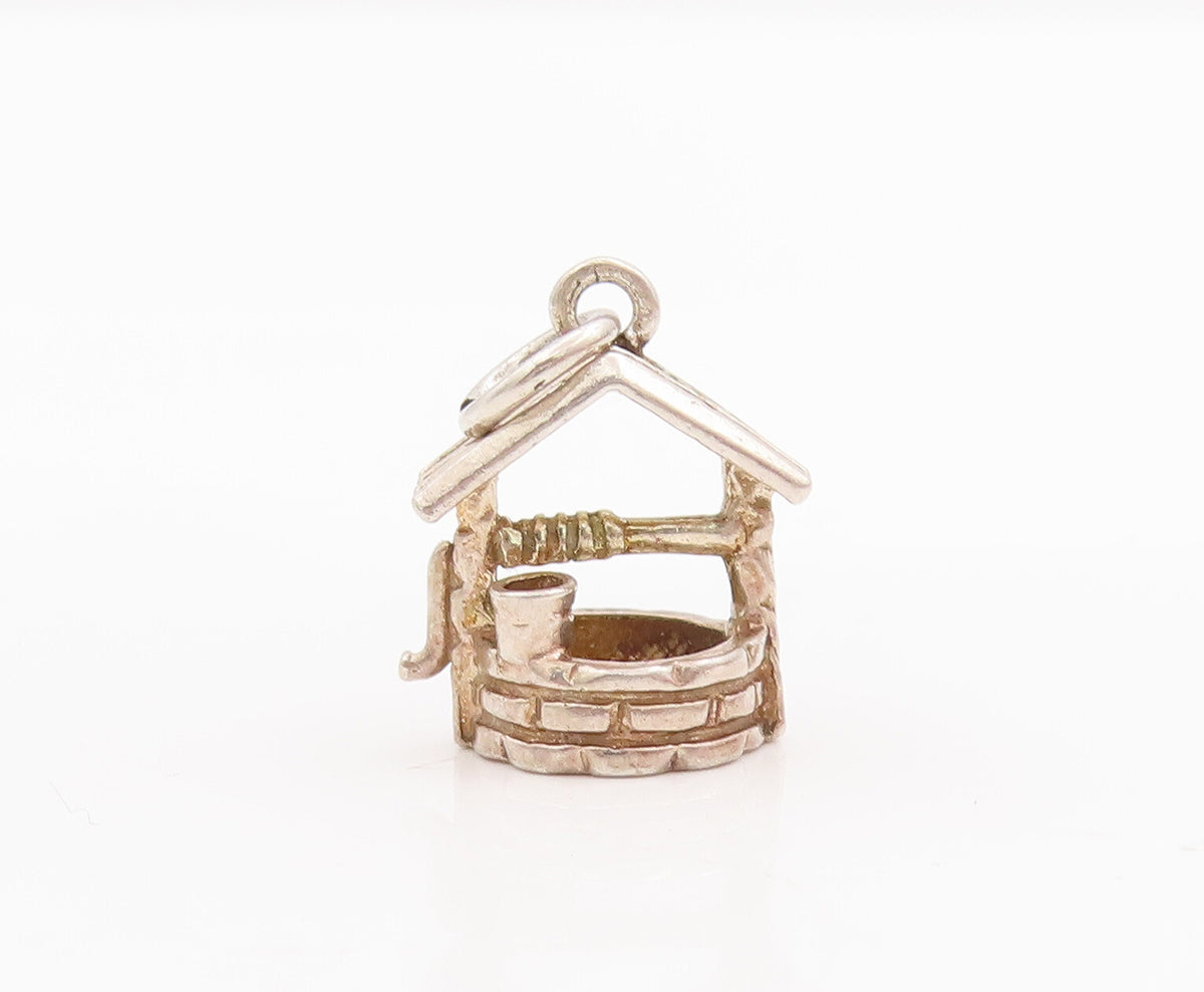 925 Sterling Silver Vintage Pendant Solid 3D Carved  Water Well Charm  PT23043