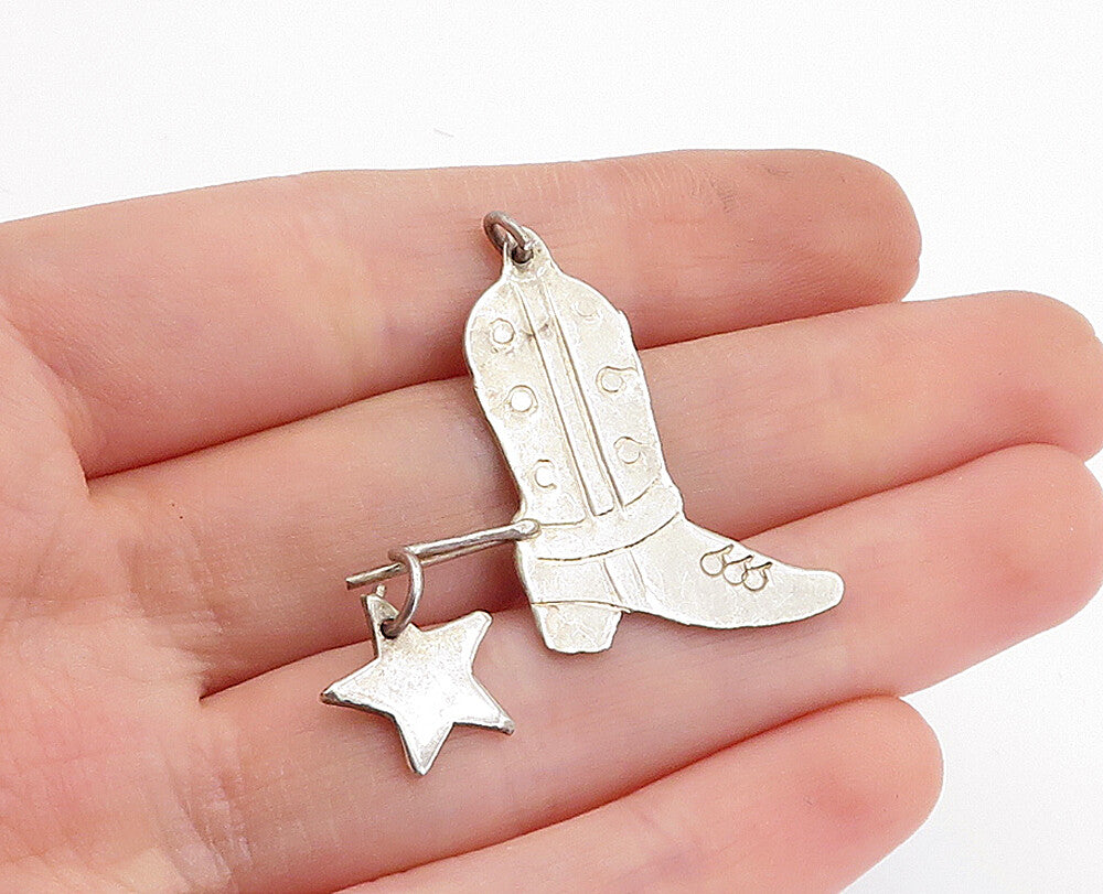 925 Sterling Silver  Vintage Star Charmed Cowboy Boot Motif Pendant  PT2628