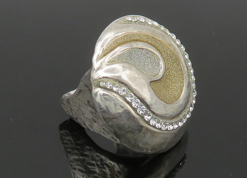 DESIGNER 925 Silver  Vintage Rhinestones Swirl Cocktail Ring Sz 7  RG22696