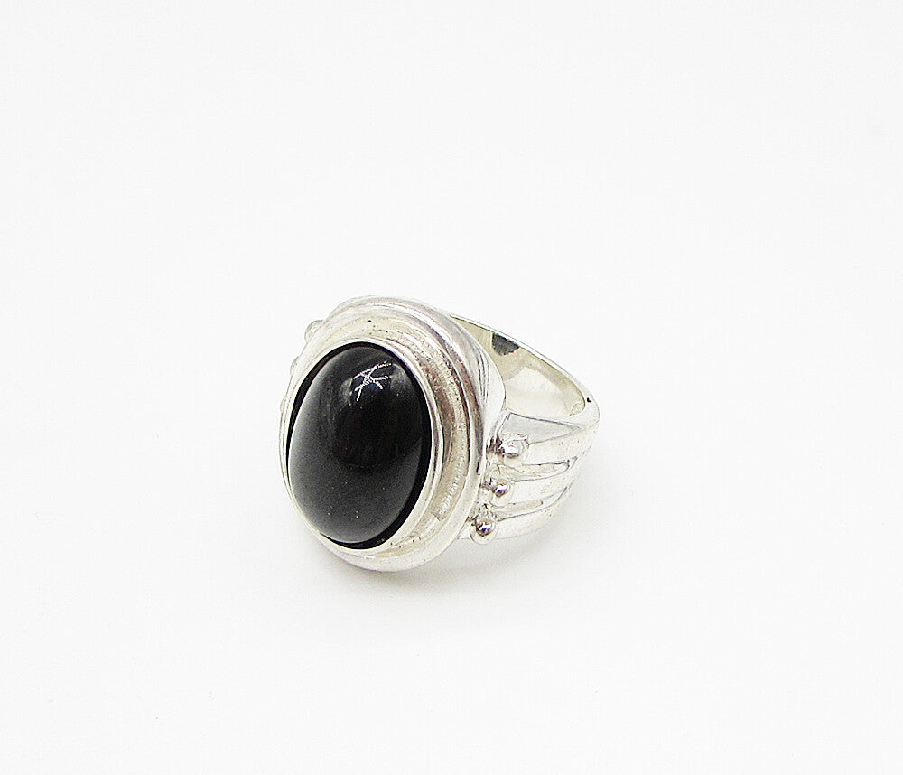 925 Sterling Silver Cabochon Cut Black Onyx Oval Solitaire Ring Sz 4.5 RG2971