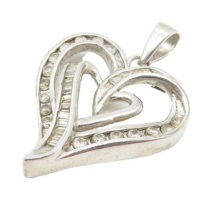 925 Sterling Silver  Vintage Cubic Zirconia Open Love Heart Pendant  PT8552