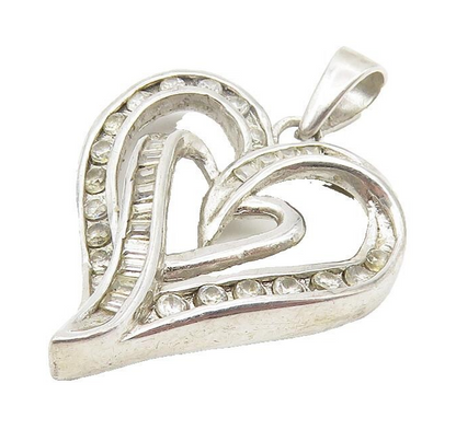 925 Sterling Silver  Vintage Cubic Zirconia Open Love Heart Pendant  PT8552