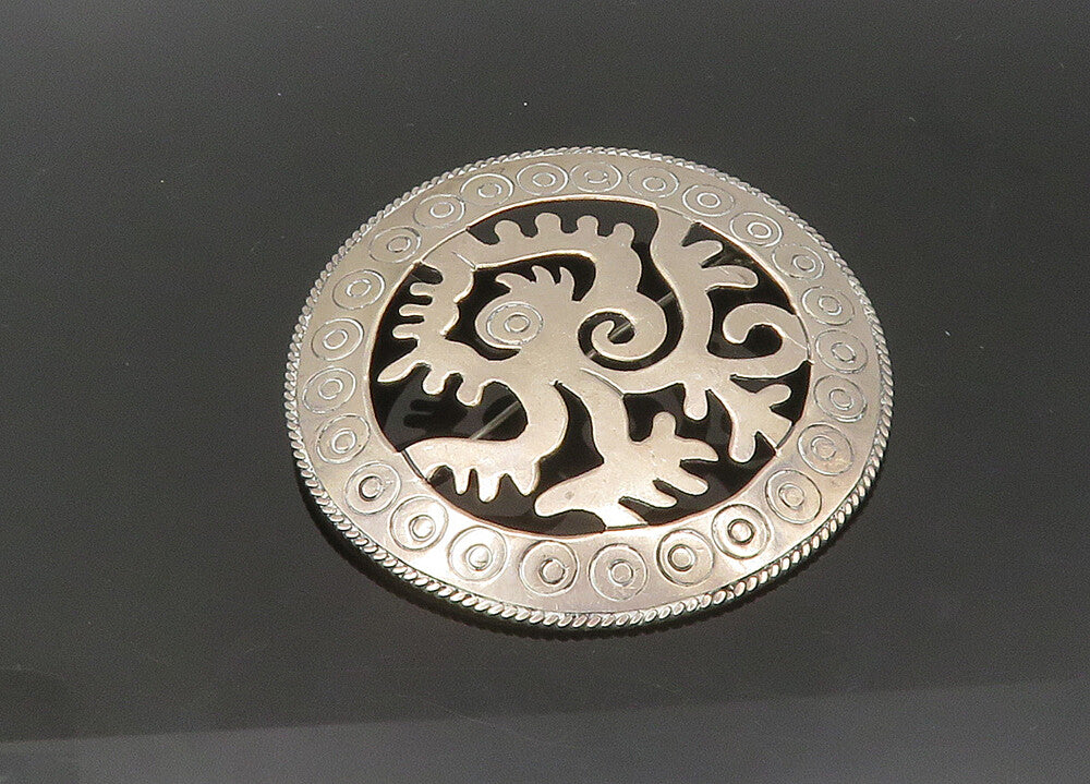 MEXICO 925 Silver  Vintage Circle Pattern Etched Border Brooch Pin  BP8551