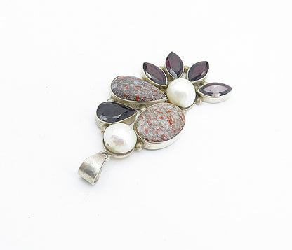 925 Sterling Silver  Vintage Pearls Garnet & Jasper Floral Pendant  PT5774
