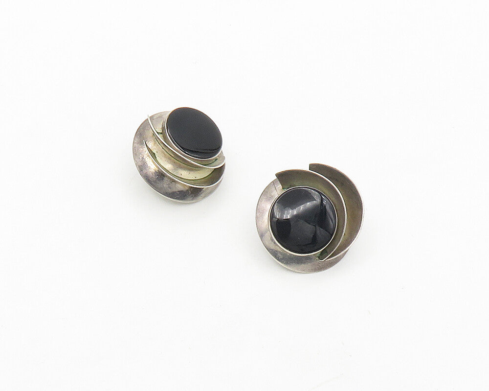 925 Sterling Silver  Vintage Black Onyx Modernist Round Drop Earrings  EG9187
