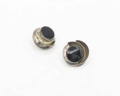 925 Sterling Silver  Vintage Black Onyx Modernist Round Drop Earrings  EG9187