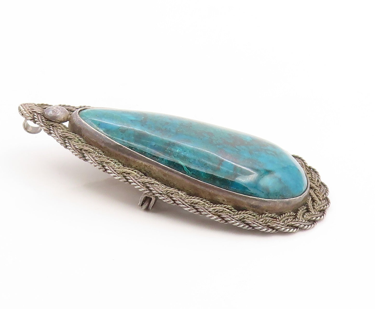 925 Sterling Silver Vintage Brooch Pin ISRAEL Large Cabochon Turquoise  BP12264