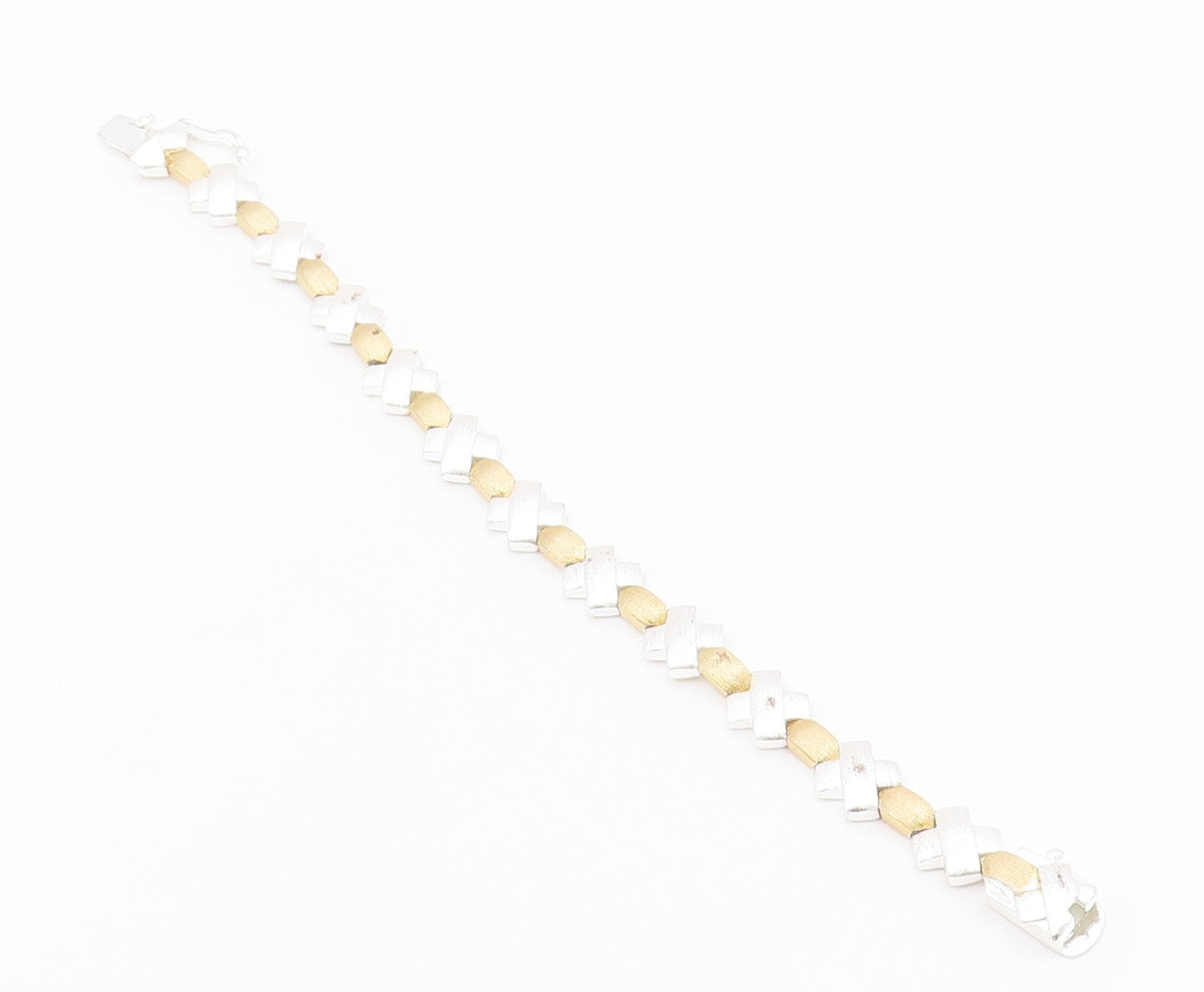 925 Sterling Silver  Shiny Two Tone X Link Matte Chain Bracelet  BT5067