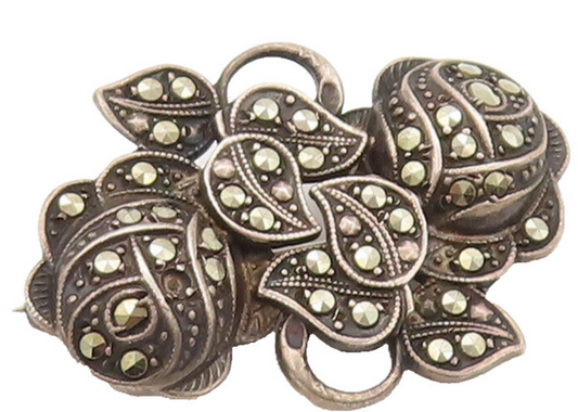 925 Sterling Silver Vintage Brooch Pin UNCAS Swirly Carved Marcasite   BP10618