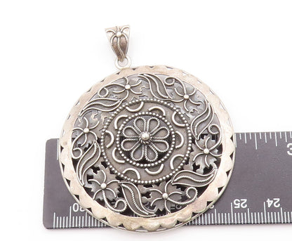 925 Sterling Silver Vintage Pendant Large Round Swirly Floral Carved  PT23034