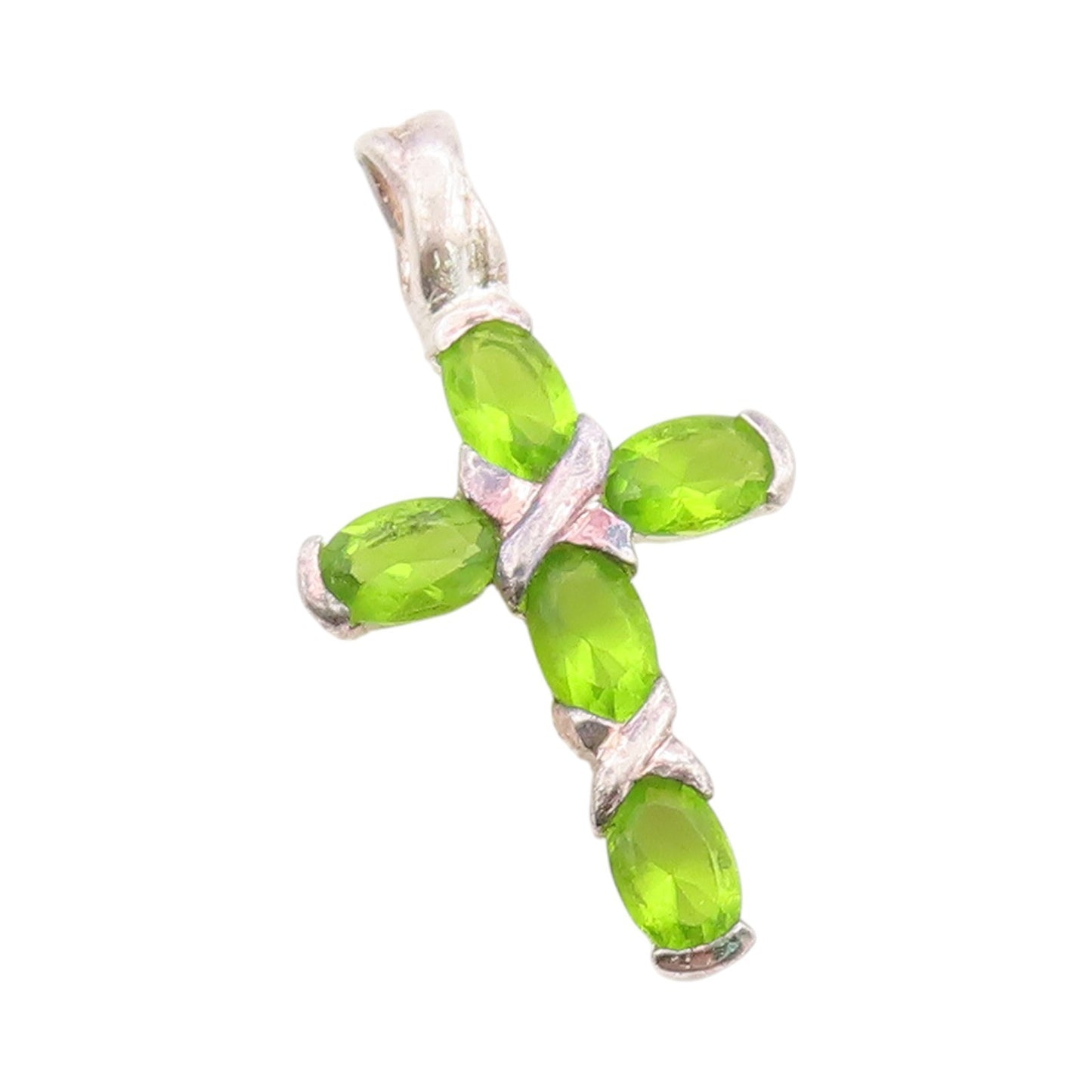 925 Sterling Silver Vintage Pendant Green Peridot Religious Cross Charm  PT24864