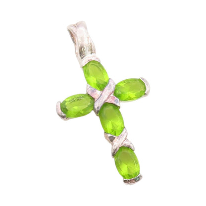 925 Sterling Silver Vintage Pendant Green Peridot Religious Cross Charm  PT24864