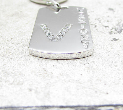 925 Sterling Silver  Cubic Zirconia Peace & Victory Tag Drop Pendant  PT1368