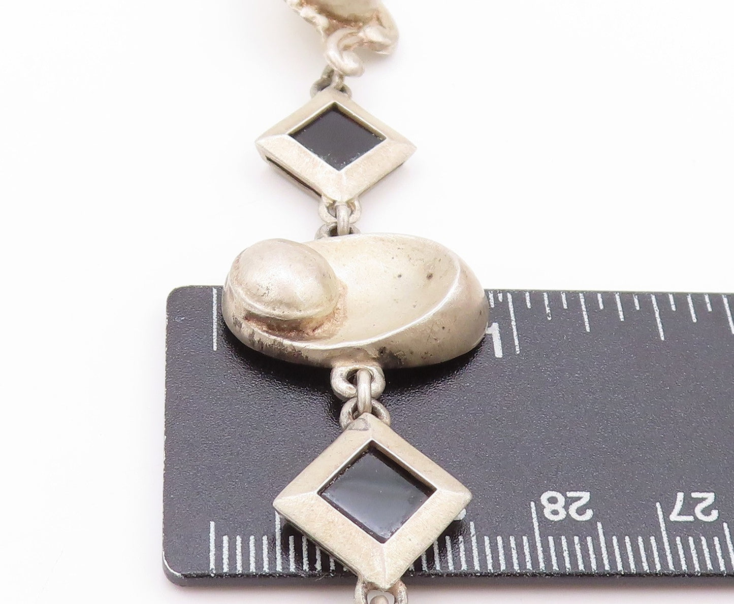 925 Sterling Silver Vintage Bracelet Square Onyx & Designer Sphere Links BT11253