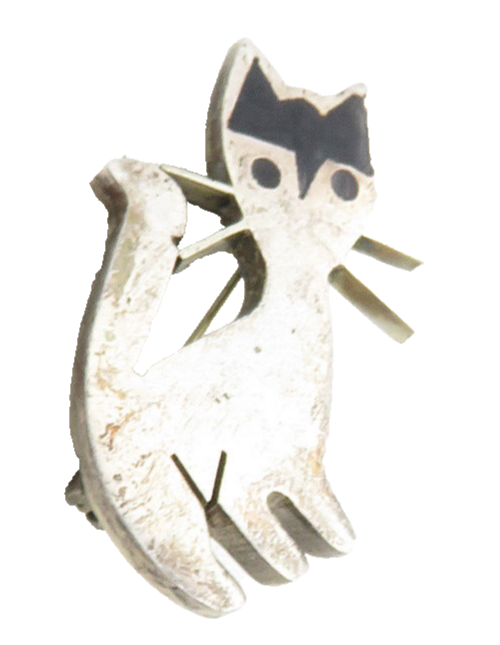 MEXICO 925 Sterling Silver  Vintage Inlaid Black Onyx Cat Brooch Pin  BP3970