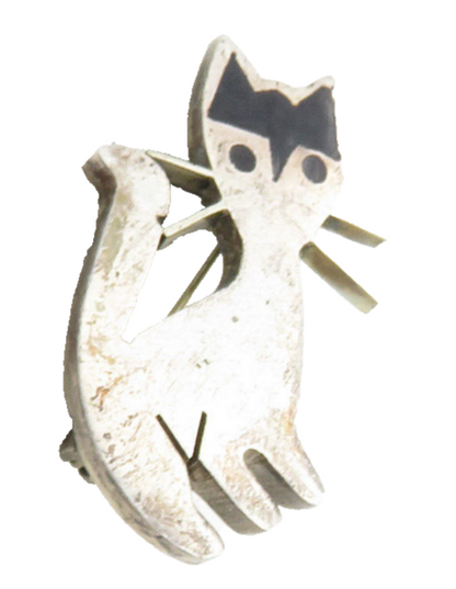 MEXICO 925 Sterling Silver  Vintage Inlaid Black Onyx Cat Brooch Pin  BP3970