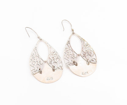 925 Sterling Silver Vintage Earrings MEXICO Filigree Tear Drop Dangles  EG13675
