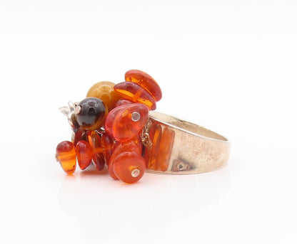 925 Sterling Silver Vintage Ring Amber & Gemstone Floral Design  Sz 5  RG32347