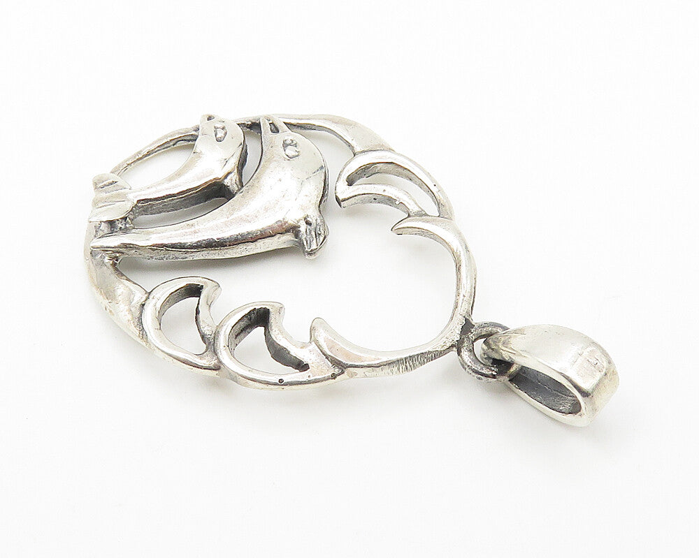 925 Sterling Silver  Vintage Double Leaping Dolphins Shiny Pendant  PT8407
