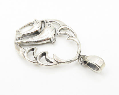 925 Sterling Silver  Vintage Double Leaping Dolphins Shiny Pendant  PT8407