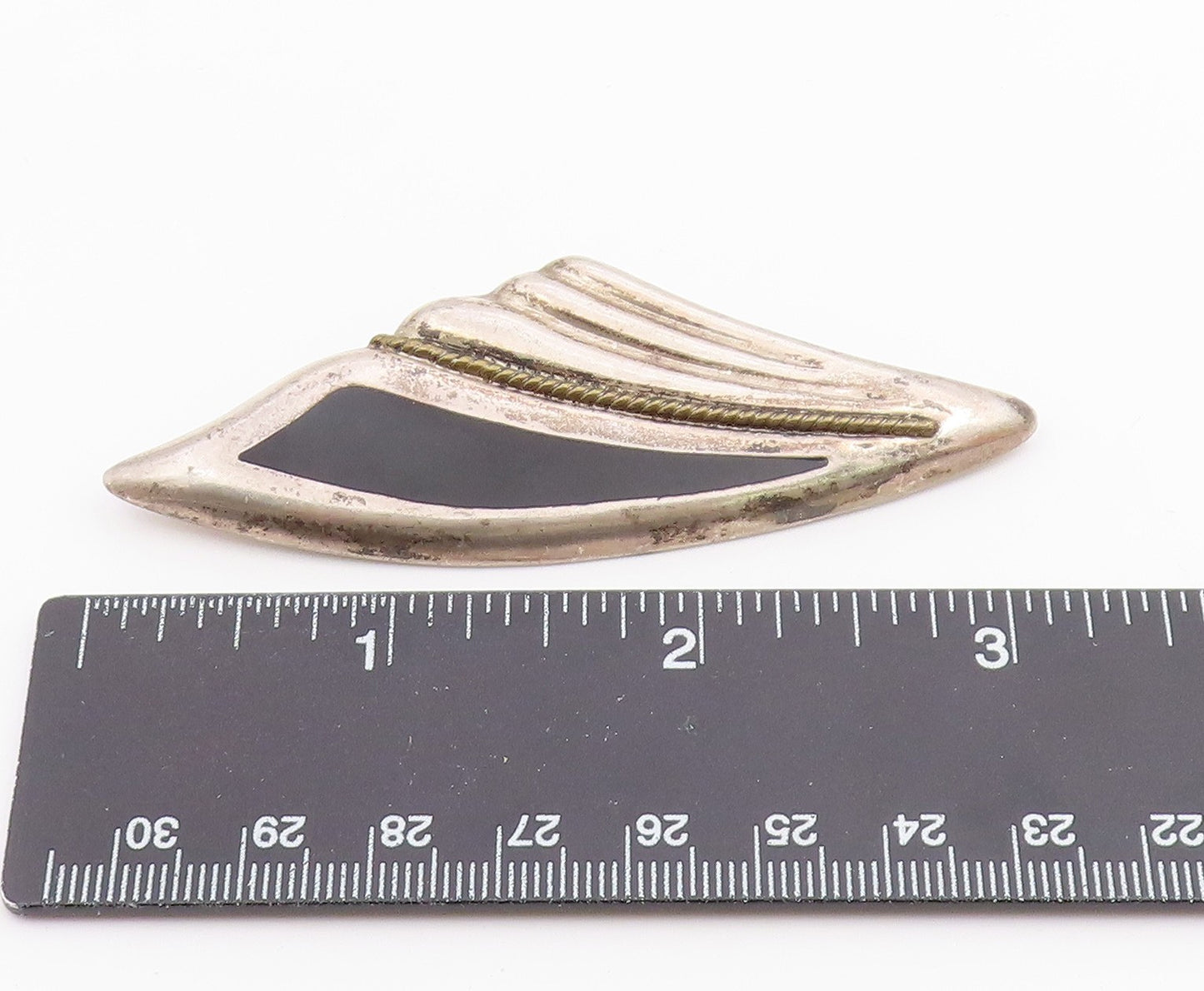 MEXICO 925 Sterling Silver  Vintage Black Onyx Fluted Twist Brooch Pin  BP4091