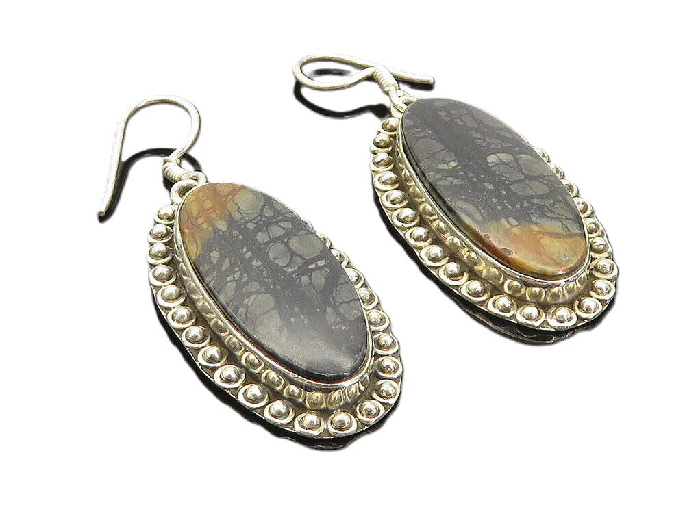 925 Sterling Silver  Vintage Jasper Circle Border Oval Dangle Earrings  EG3212