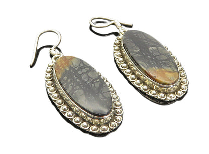 925 Sterling Silver  Vintage Jasper Circle Border Oval Dangle Earrings  EG3212