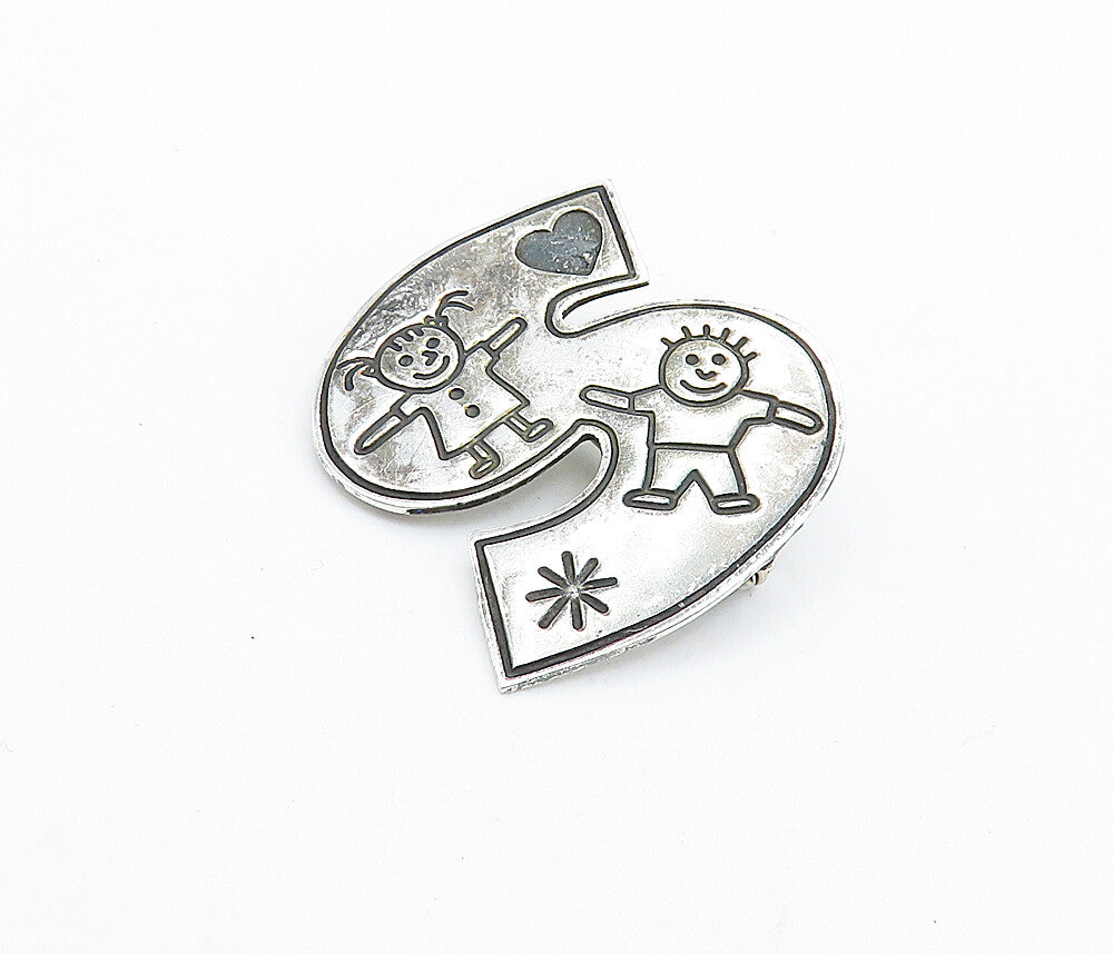 MEXICO 925 Sterling Silver  Vintage Happy Children S Initial Brooch Pin BP2630
