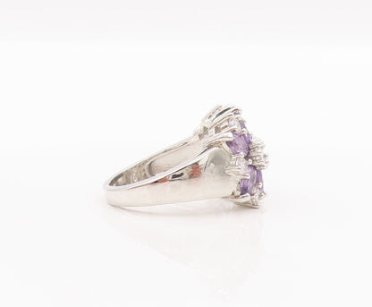 925 Sterling Silver Vintage Ring Oval Cut Amethyst & CZ Flower  Sz 6.5  RG28460