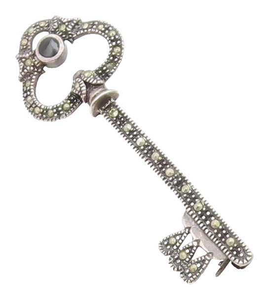925 Sterling Silver  Vintage Inlaid Onyx & Marcasite Key Brooch Pin  BP8683