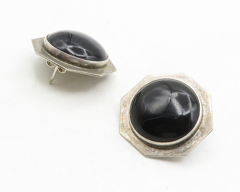 ELAINE ROSE 925 Sterling Silver Vintage Cabochon Cut Black Onyx Earrings  EG6912