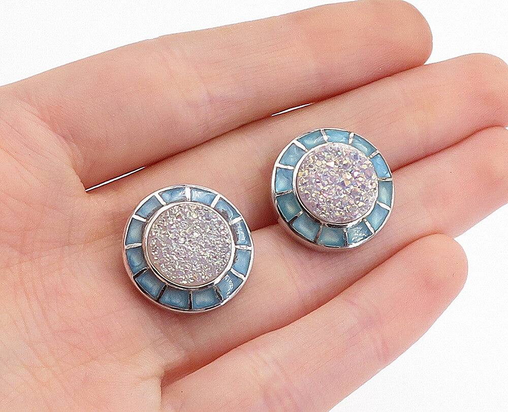 925 Sterling Silver  Druzy Stone Enamel Border Button Drop Earrings  EG2679