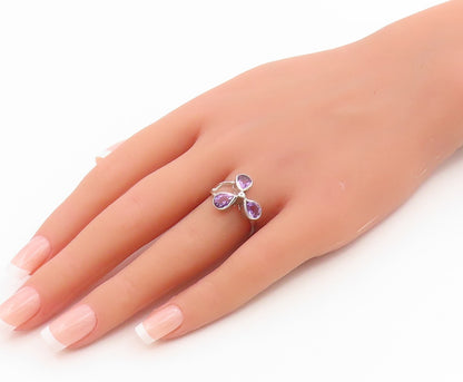 925 Sterling Silver Vintage Ring Three Stone Amethyst Floral Petal Sz 7 RG36184