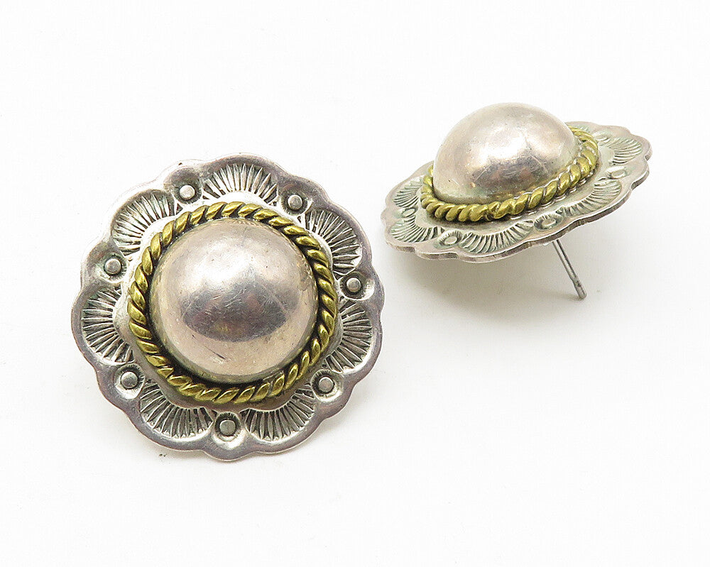 MEXICO 925 Sterling Silver  Vintage Two Tone Floral Dome Drop Earrings  EG5853
