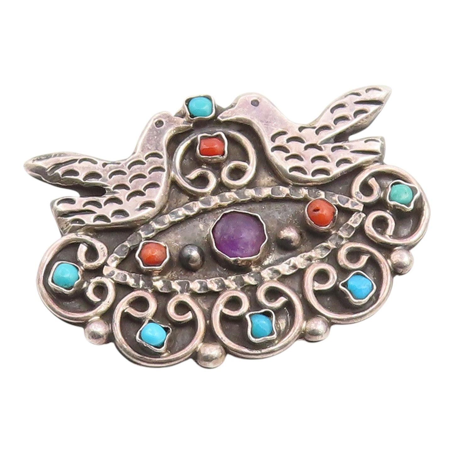 925 Sterling Silver Vintage Brooch Pin MEXICO Multi Gemstone Dove Bird  BP12433