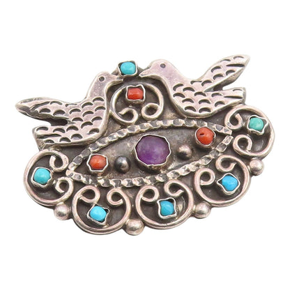 925 Sterling Silver Vintage Brooch Pin MEXICO Multi Gemstone Dove Bird  BP12433