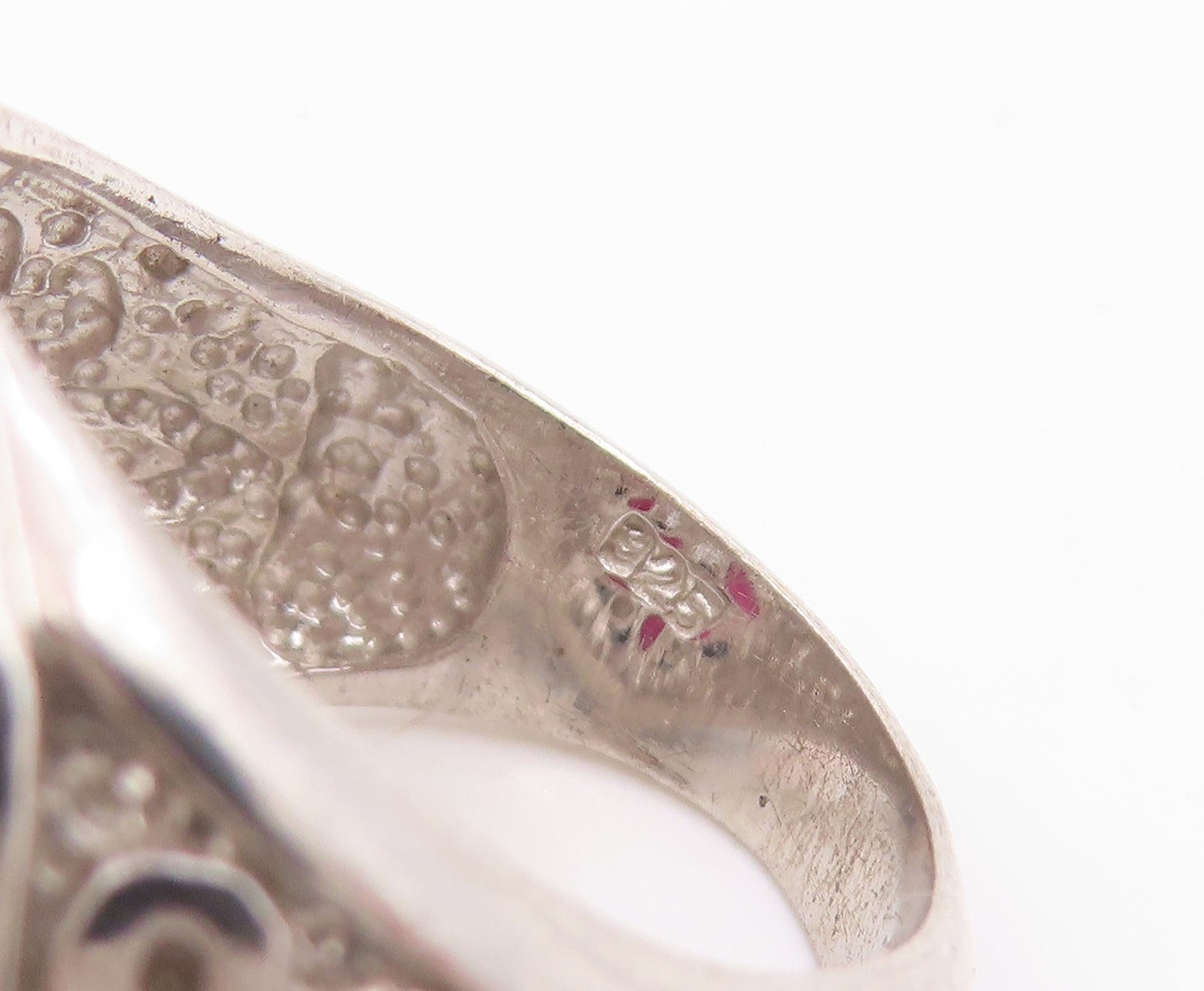 925 Sterling Silver Vintage Ring Ruby Openwork Floral Band  Sz 7.5  RG36168