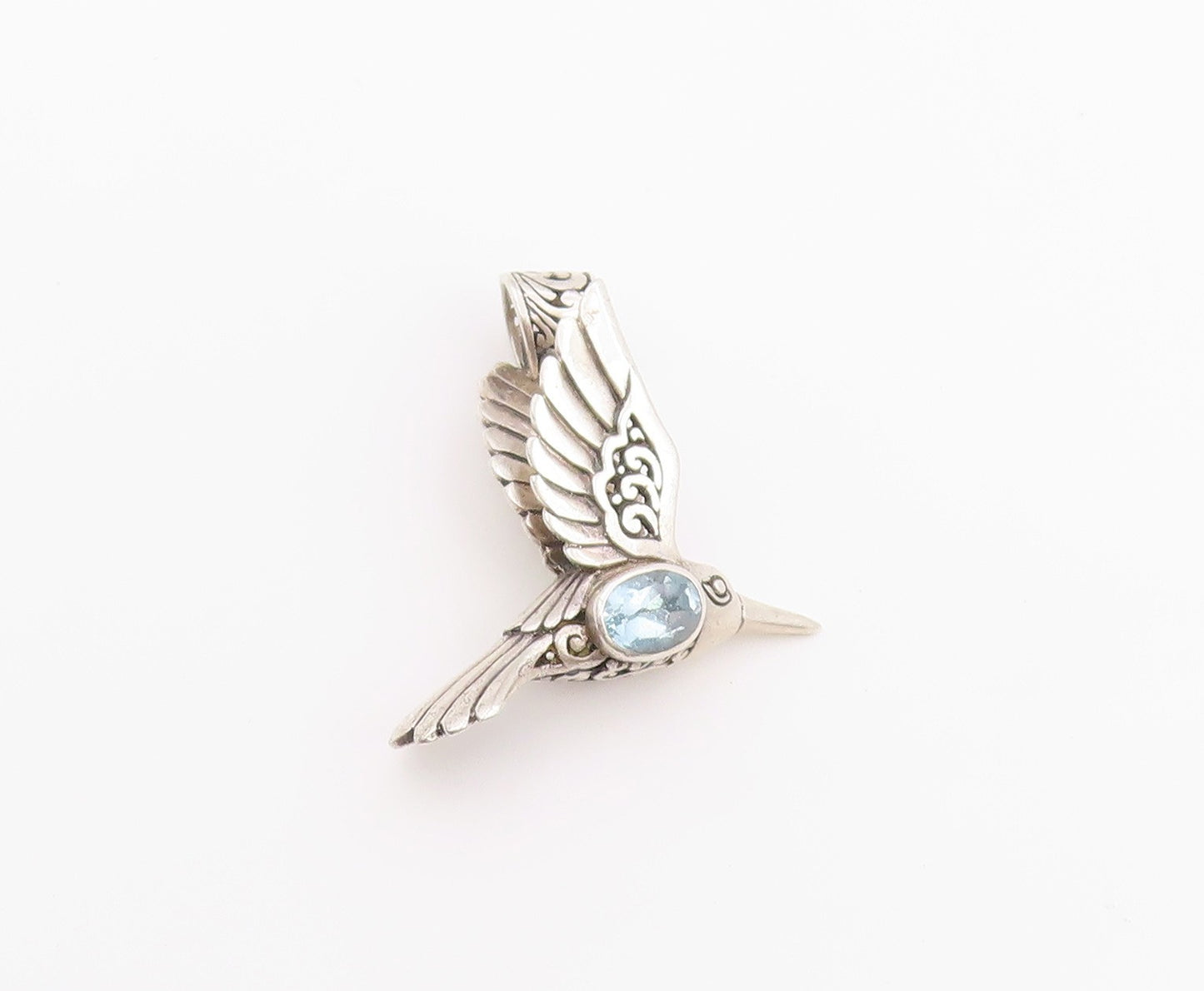 925 Sterling Silver Vintage Pendant ATI Blue Topaz Hummingbird Charm  PT26365