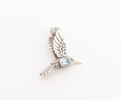925 Sterling Silver Vintage Pendant ATI Blue Topaz Hummingbird Charm  PT26365
