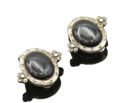 925 Silver  Vintage Black Onyx & Marcasite Floral Non Pierce Earrings  EG10320