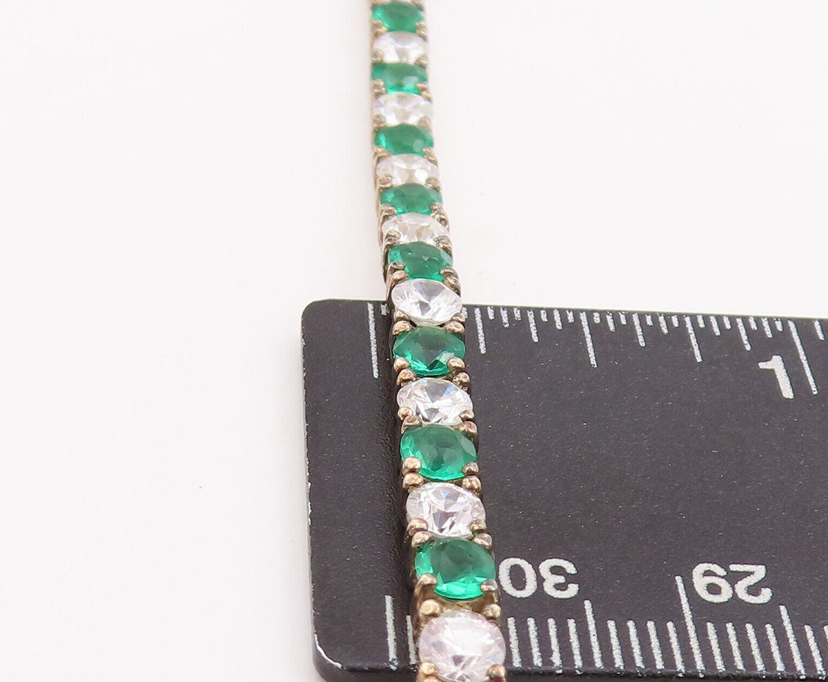 925 Sterling Silver Vintage Bracelet Gold Plated Round Green White Topaz BT10621