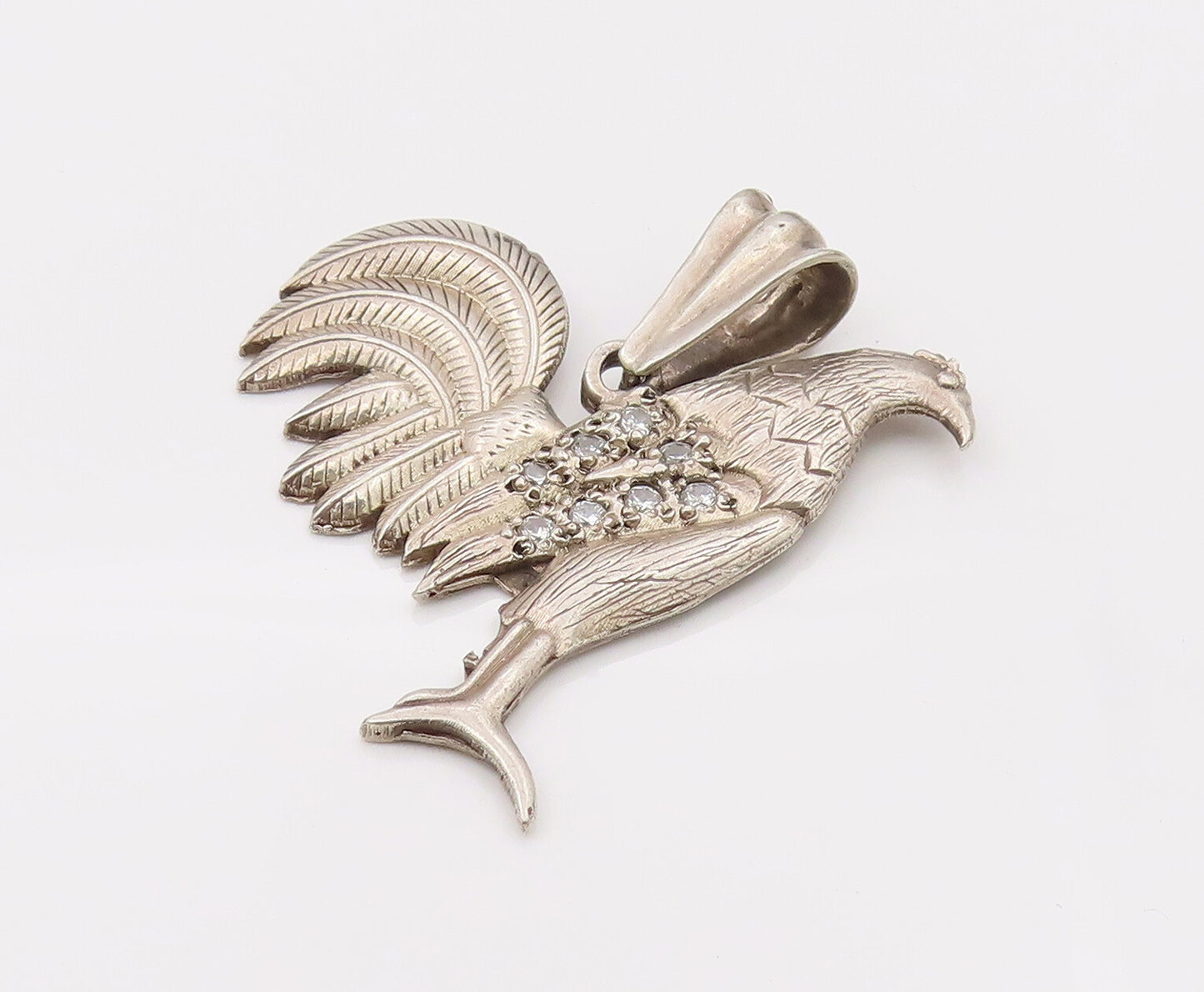 925 Sterling Silver Vintage Cubic Zirconia Carved Hen Big Pendant PT22115