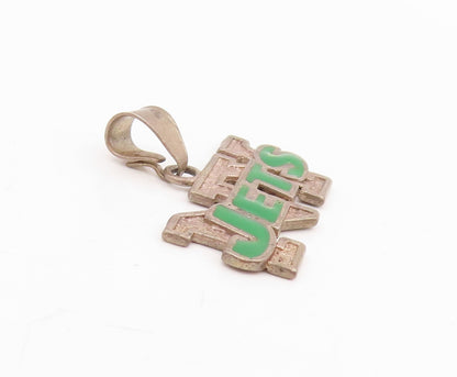 925 Sterling Silver Vintage Pendant Green Enameled NY Jets Logo Charm  PT25755