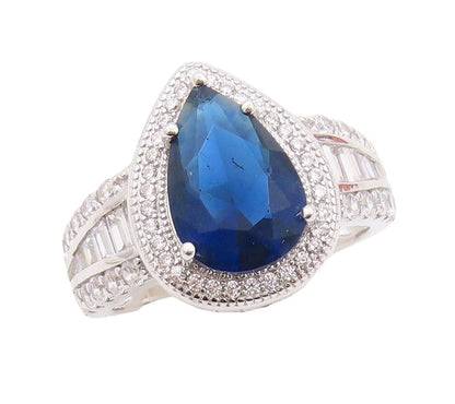 925 Sterling Silver Vintage Ring Drop Cut Sapphire Halo CZ Inlay Sz 7.5  RG30055