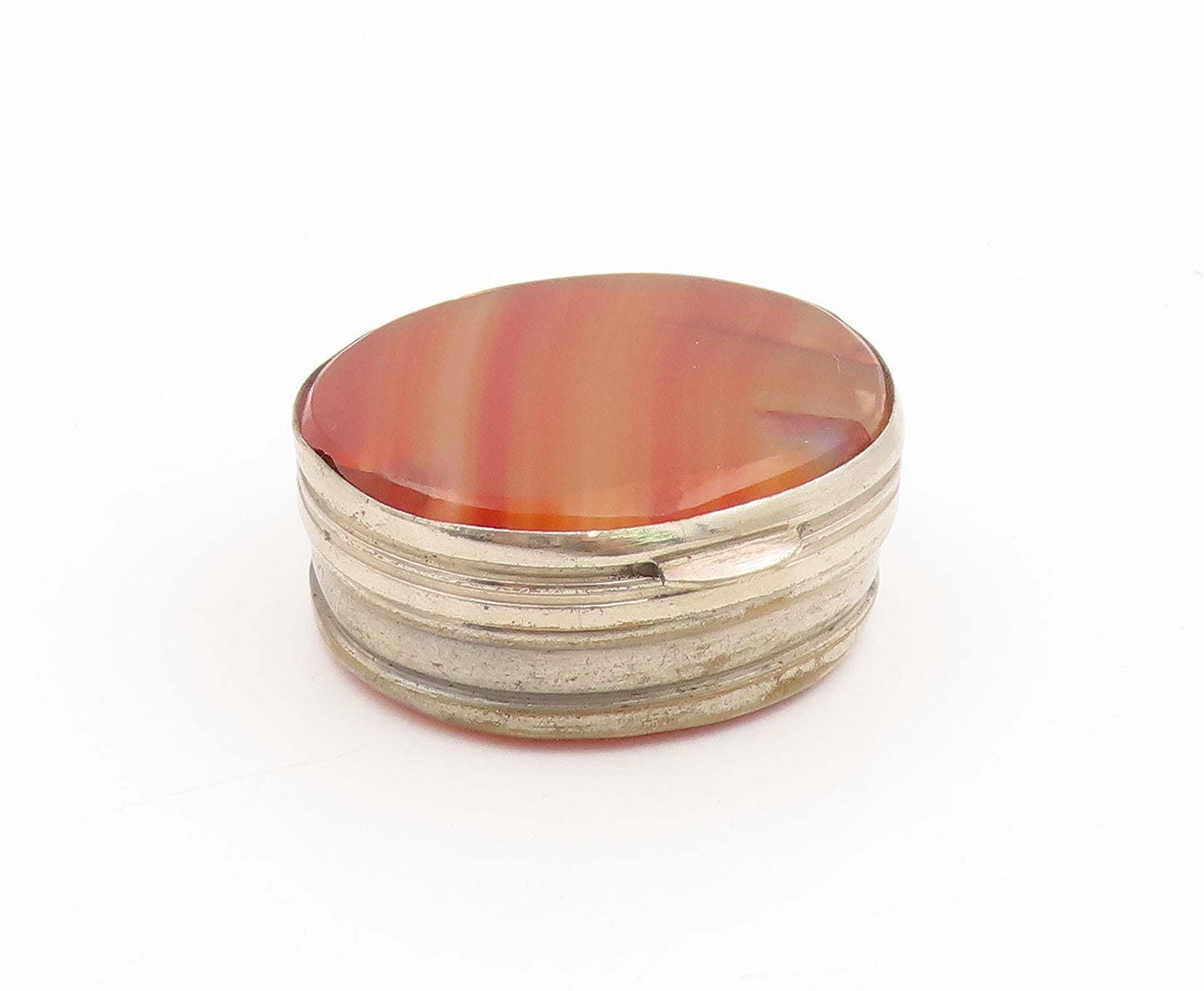 925 Sterling Silver Vintage Pill Box Antique Banded Agate Trinket OPENS  TR4243