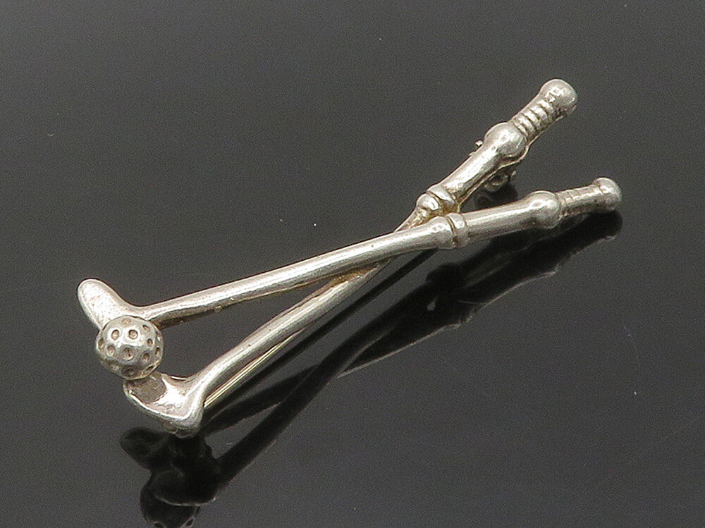 MEXICO 925 Sterling Silver  Vintage Shiny Golf Clubs & Ball Brooch Pin  BP6184