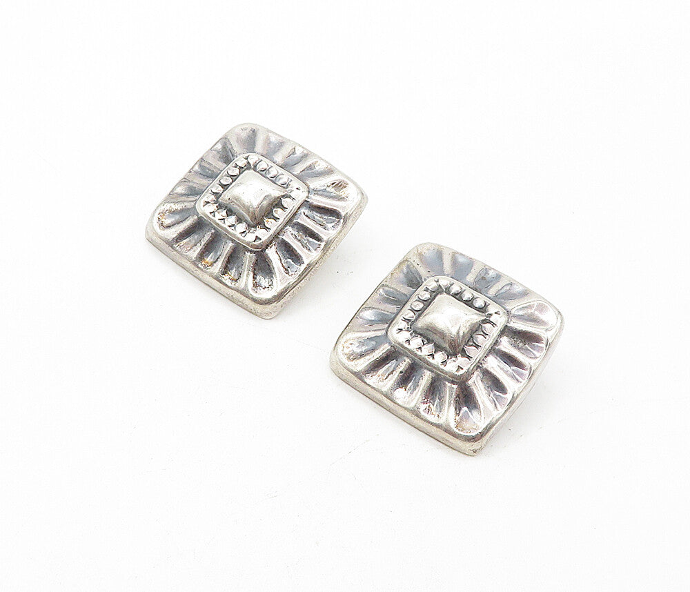 MEXICO 925 Silver  Vintage Shiny Fluted Square Non Pierce Earrings  EG3957